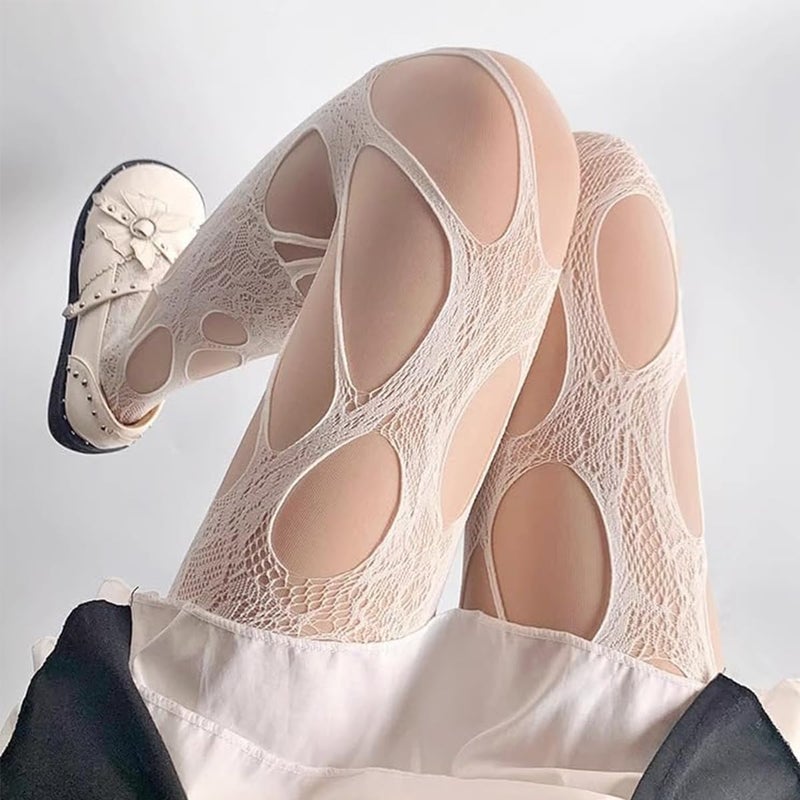 CARALL Women's Ripped Fishnet Tights Gothic Irregular Distressed Hole Hollow Out Mesh Tights Stockings Y2k White Lace Pantyhose for Women Girls Halloween Cosplay Masquerade Party Accessories - Image 1